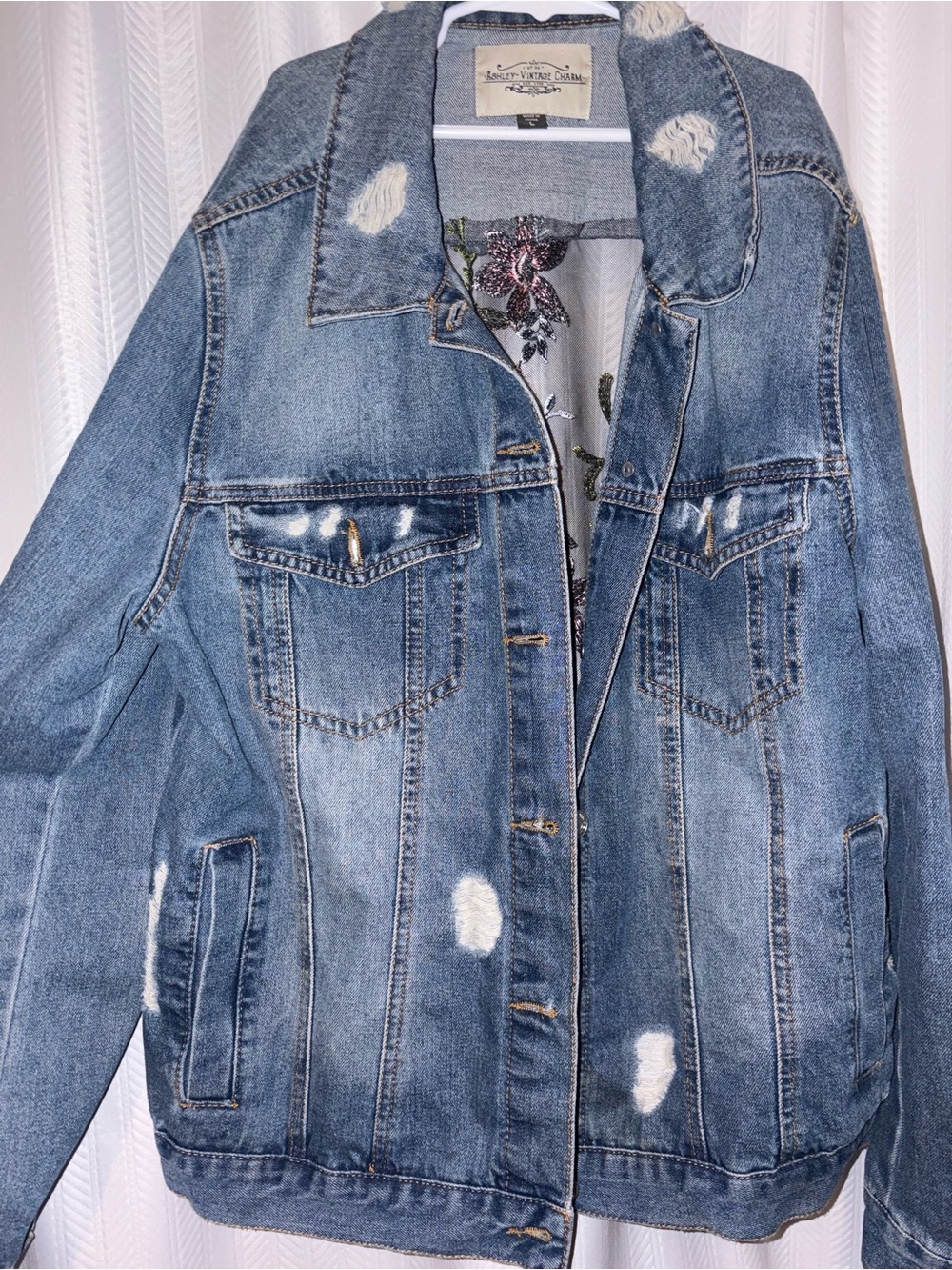 Distressed Light Blue Denim Jacket with Floral Lining